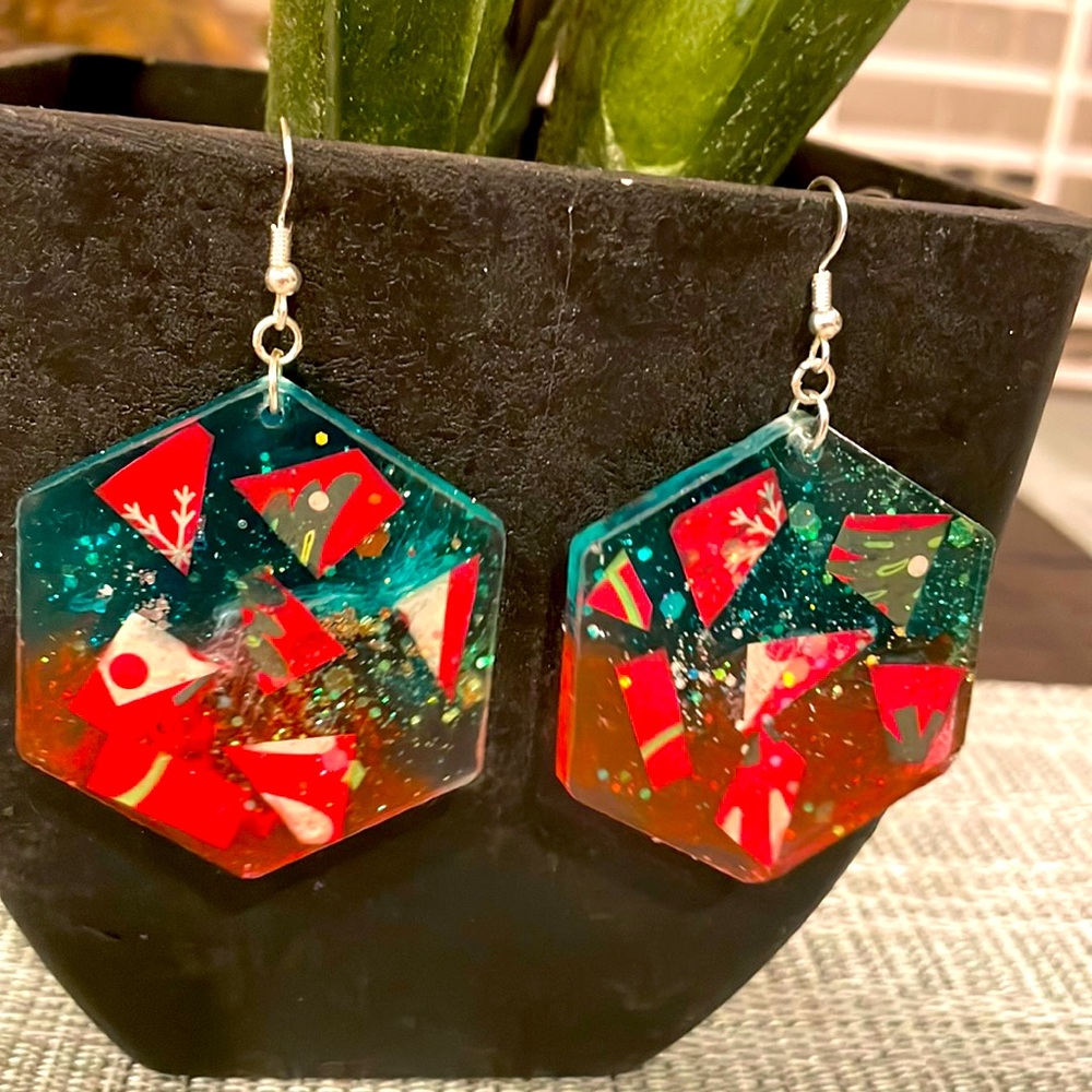 Festive Handmade Large Holiday Earrings Green and Red Hexagon
